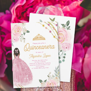 Invitation Elégante aquarelle Rose or Quinceanera florale