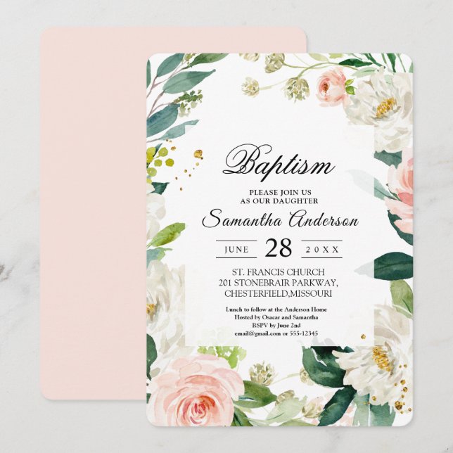 Invitation Elégante aquarelle rose pâle Cadre Floral (Devant / Derrière)