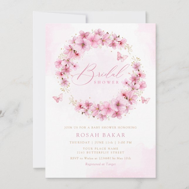 Invitation Elégante aquarelle rose pâle Fête des mariées flor (Devant)