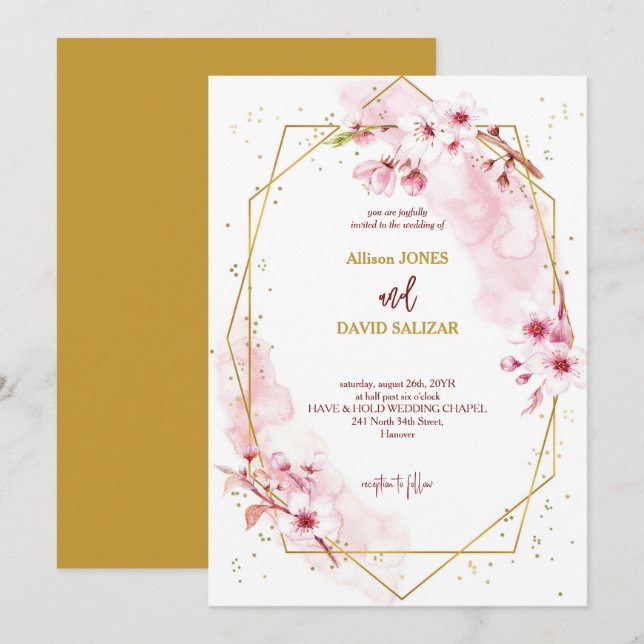Invitation Elégante Aquarelle rose Sakura Floral Mariage (Devant / Derrière)