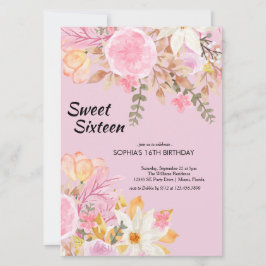 Invitation Elégante aquarelle rose Sweet sixteen floral