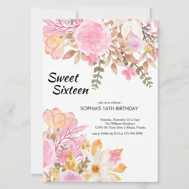 Invitation Elégante aquarelle rose Sweet sixteen floral (Devant)