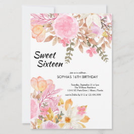 Invitation Elégante aquarelle rose Sweet sixteen floral