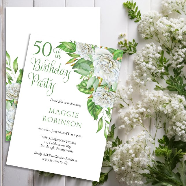 Invitation Elégante aquarelle Roses blanches 50e fête d'anniv (Elegant Watercolor White Roses and Greenery 50th Birthday Party Invitation - Print | Download)