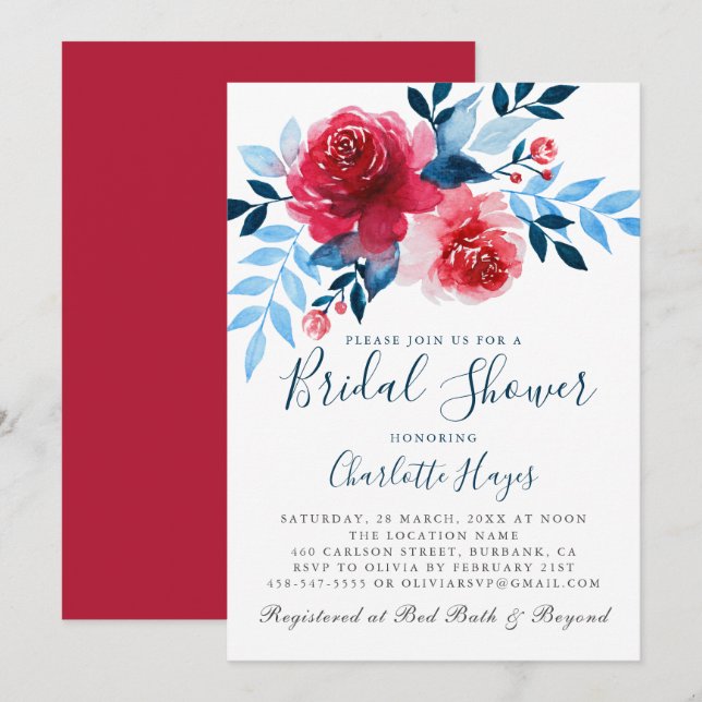 Invitation Elégante aquarelle Roses rouges Fête des mariées f (Devant / Derrière)