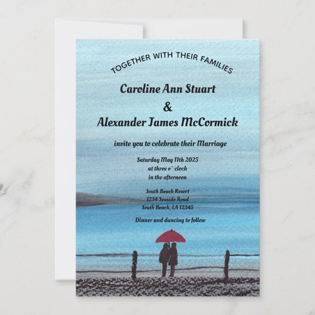 Invitation Elégante Aquarelle Rouge Parapluie Couple Mariage (Devant)