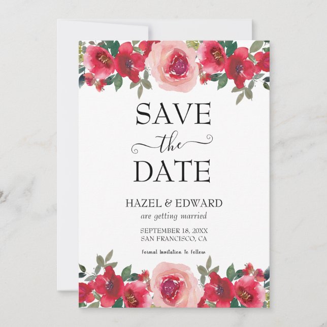 Invitation Elégante aquarelle Rouge Rose florale Enregistrer  (Devant)