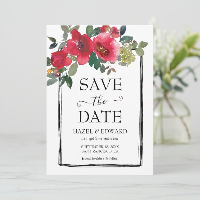 Invitation Elégante aquarelle Rouge Rose florale Enregistrer  (Debout devant)