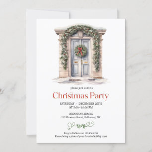 Invitation Elégante aquarelle sauge et porte rouge rustique
