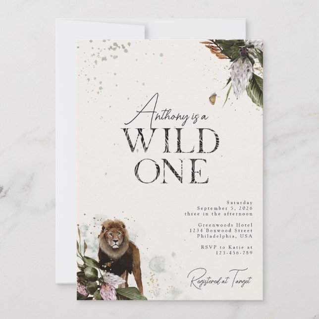 Invitation Elégante aquarelle sauvage Safari Lion 1er anniver (Devant)