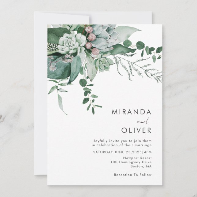 Invitation Elégante aquarelle Succulents Verdure Mariage (Devant)