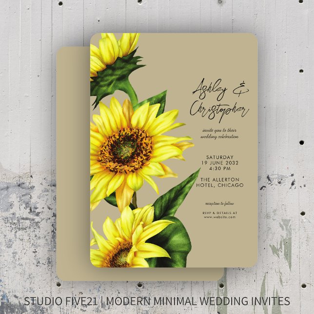 Invitation Élégante aquarelle Sunflower Mariage kaki (Créateur téléchargé)