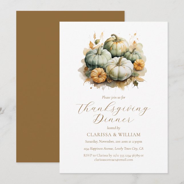 Invitation Elégante aquarelle Thanksgiving Dîner (Devant / Derrière)