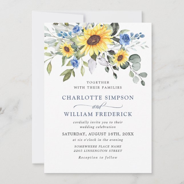 Invitation Elégante aquarelle tournesol Eucalyptus Mariage (Devant)