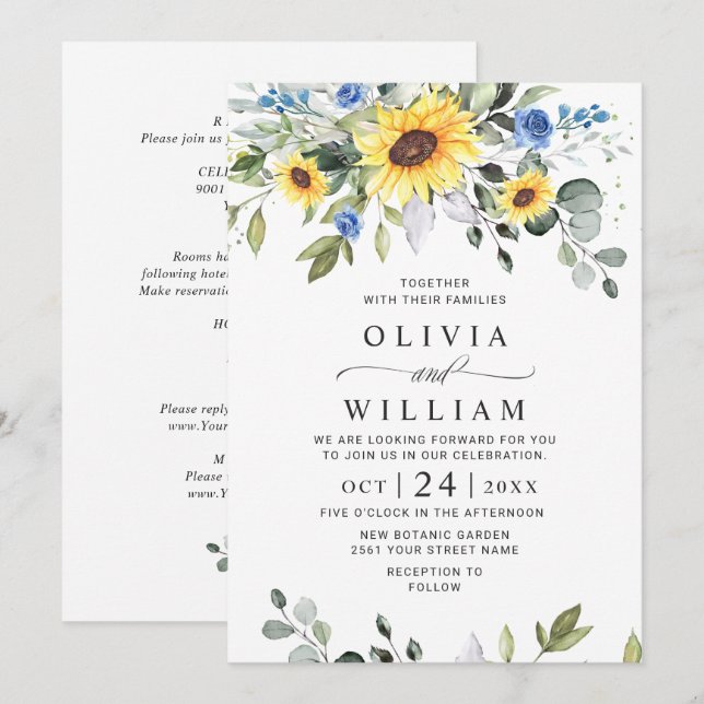 Invitation Elégante aquarelle tournesol Eucalyptus Mariage (Devant / Derrière)