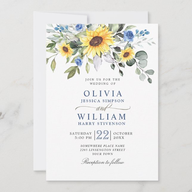 Invitation Elégante aquarelle tournesol Eucalyptus Mariage (Devant)