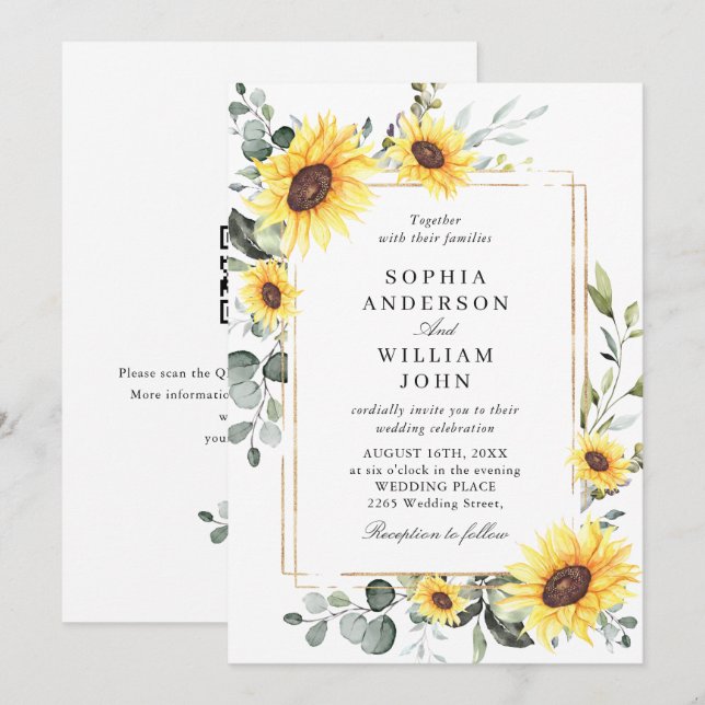 Invitation Elégante aquarelle tournesol Eucalyptus Mariage (Devant / Derrière)