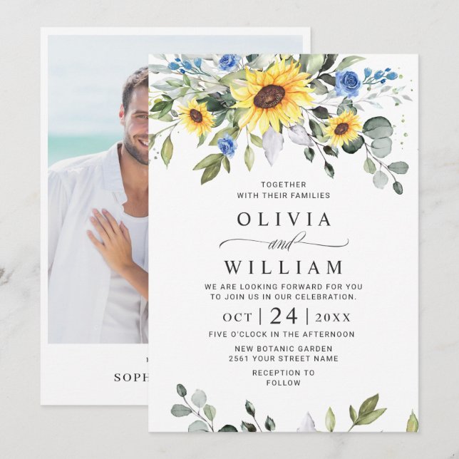 Invitation Elégante aquarelle tournesol Eucalyptus Mariage (Devant / Derrière)