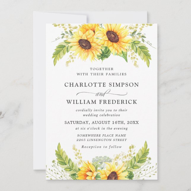 Invitation Elégante aquarelle tournesol Eucalyptus Mariage (Devant)