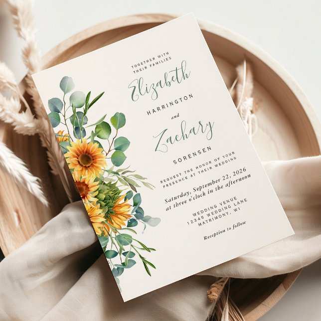 Invitation Elégante aquarelle tournesol Mariage Eucalyptus (Créateur téléchargé)
