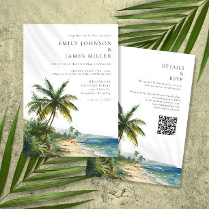 Invitation Elégante aquarelle Tropical Beach QR Code Mariage