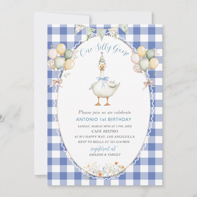 Invitation Elégante aquarelle Un 1er anniversaire oie bête B (Devant)