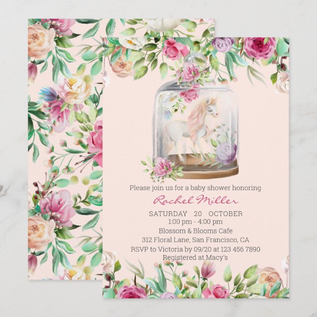 Invitation Elégante aquarelle Unicorn Chic Baby shower floral (Devant / Derrière)