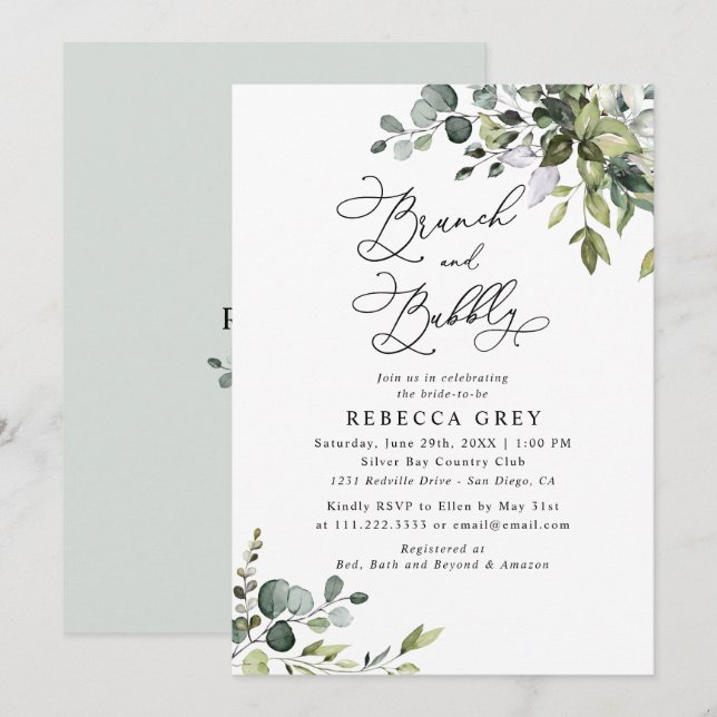 Invitation Elégante aquarelle verdure Brunch & douche mousseu (Devant / Derrière)