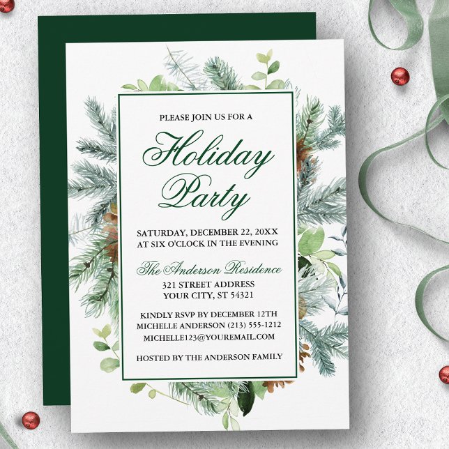 Invitation Elégante aquarelle Verdure Pine Fête de Vacances (Customize to change text color, size, style or to change color of back of card.)