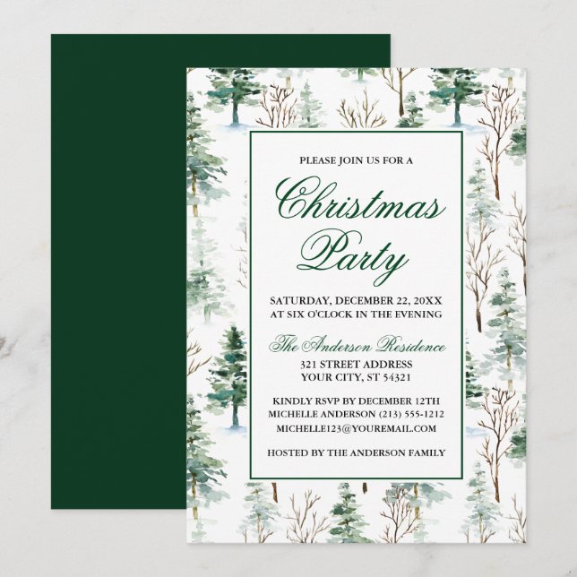 Invitation Elégante aquarelle verdure Pins Noël (Devant / Derrière)