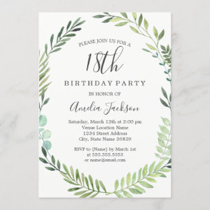 Invitation Elégante aquarelle verte 18e anniversaire