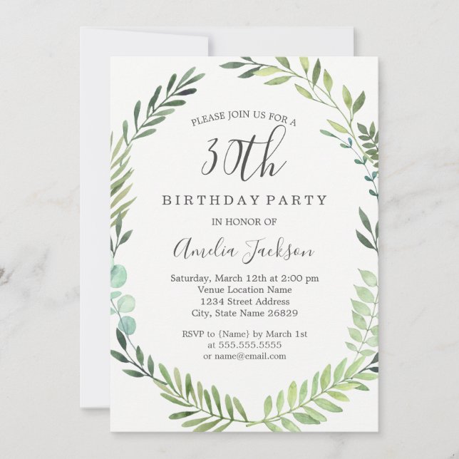 Invitation Elégante aquarelle verte 30e anniversaire (Devant)