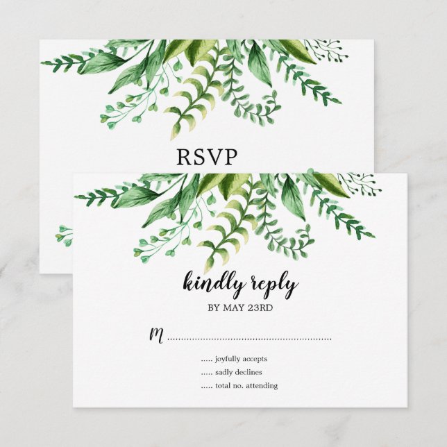 Invitation Elégante aquarelle verte Mariage botanique RSVP (Devant / Derrière)