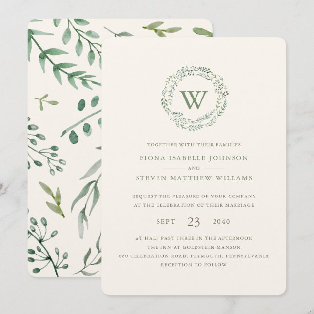 Invitation Elégante aquarelle verte Mariage de couronnes (Devant / Derrière)