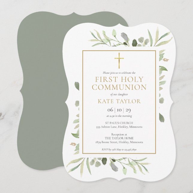 Invitation Elégante aquarelle verte Première sainte communion (Devant / Derrière)