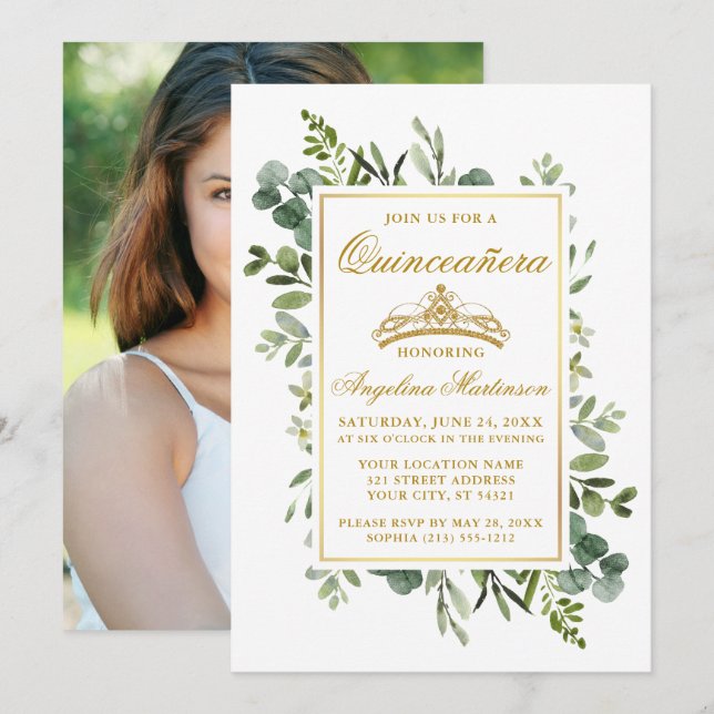 Invitation Elégante aquarelle verte Quinceanera or photo (Devant / Derrière)