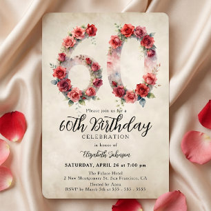 Invitation Élégante Aquarelle Vintage Rose Rouge 60e Annivers