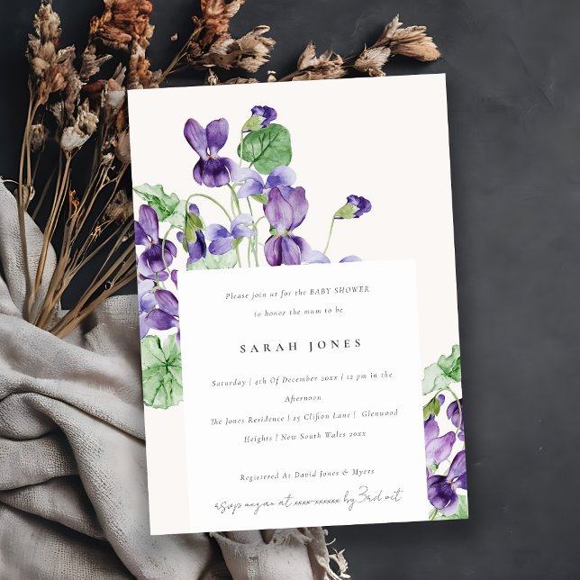 Invitation Elégante aquarelle violet Baby shower floral (Créateur téléchargé)
