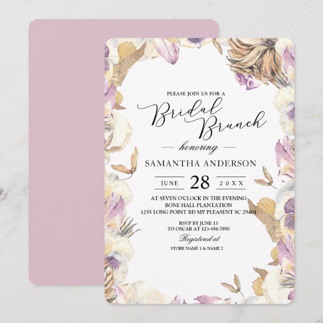 Invitation Elégante aquarelle violet et jaune fleurs de beaut (Devant / Derrière)