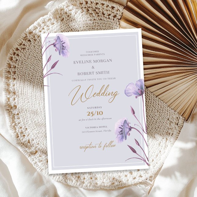 Invitation Elégante aquarelle violet et or floral boho (Elegant watercolor purple and gold floral boho invitation)