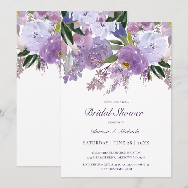 Invitation Elégante aquarelle violet Fête des mariées de fleu (Devant / Derrière)