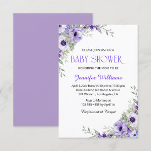 Invitation élégante aquarelle violet fleurs fille baby shower