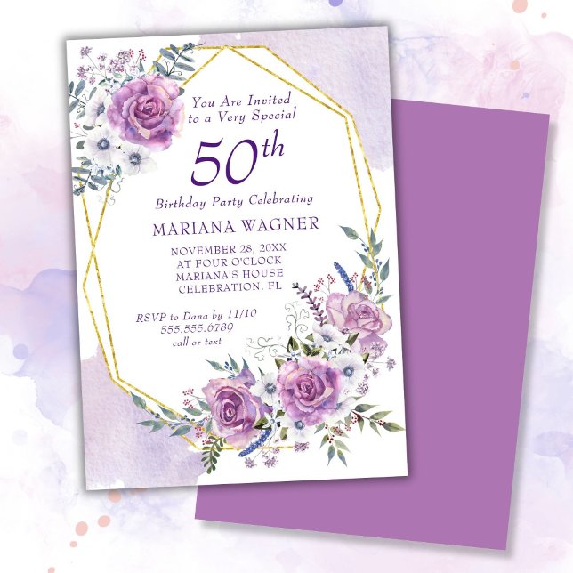 Invitation Elégante aquarelle violet floral 50e anniversaire (Créateur téléchargé)