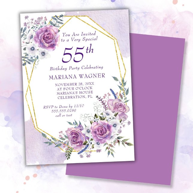 Invitation Elégante aquarelle violet floral 55e anniversaire (Créateur téléchargé)