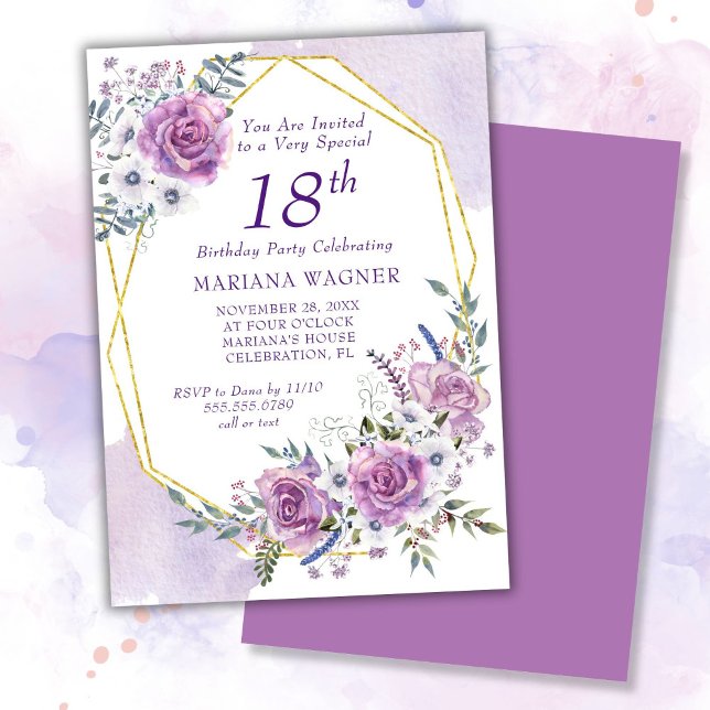 Invitation Elégante aquarelle violet florale 18e anniversaire (Créateur téléchargé)