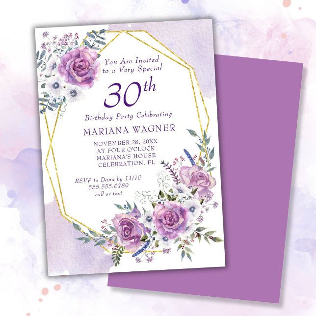 Invitation Elégante aquarelle violet florale 30e anniversaire (Créateur téléchargé)