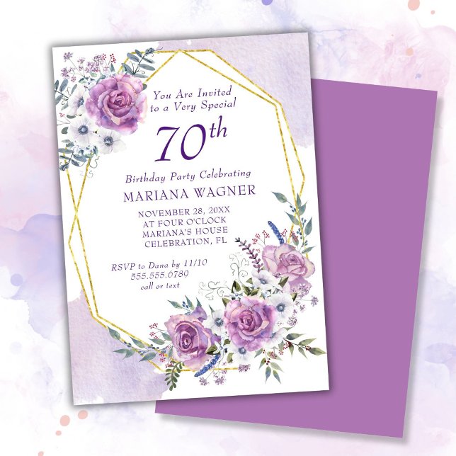 Invitation Elégante aquarelle violet florale 70e anniversaire (Créateur téléchargé)
