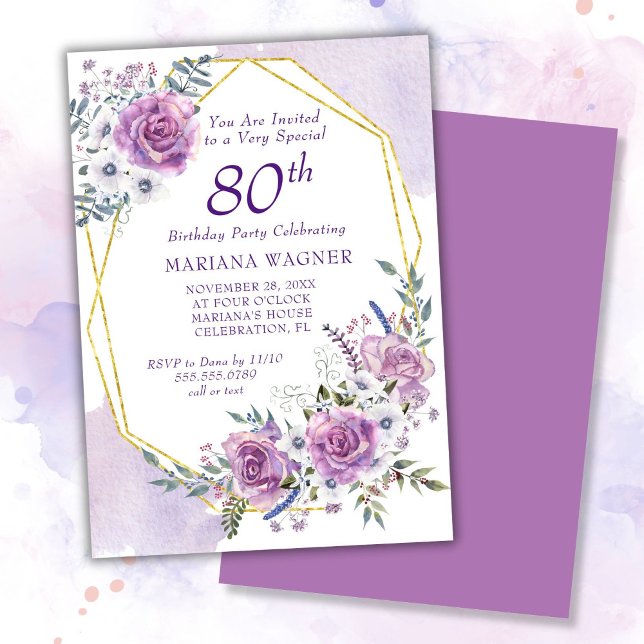 Invitation Elégante aquarelle violet florale 80e anniversaire (Créateur téléchargé)