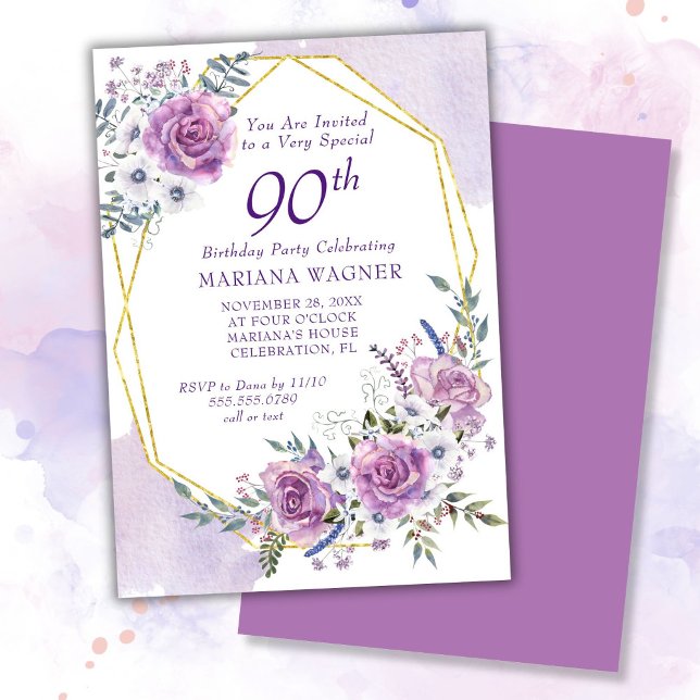 Invitation Elégante aquarelle violet florale 90e anniversaire (Créateur téléchargé)