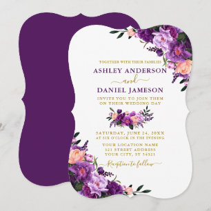 Invitation Elégante aquarelle violet Mariage or floral